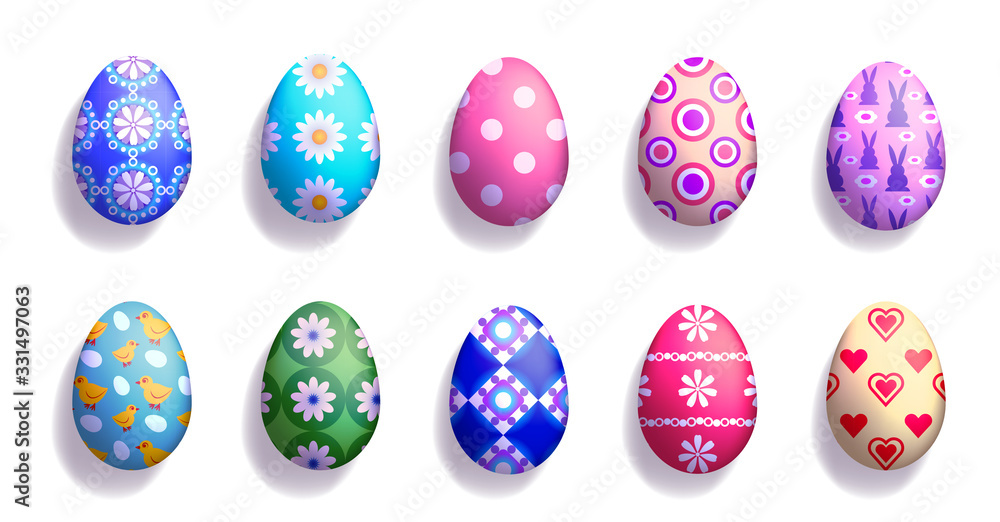 easter egg set, collection of colored easter egg with pattern isolated on white background