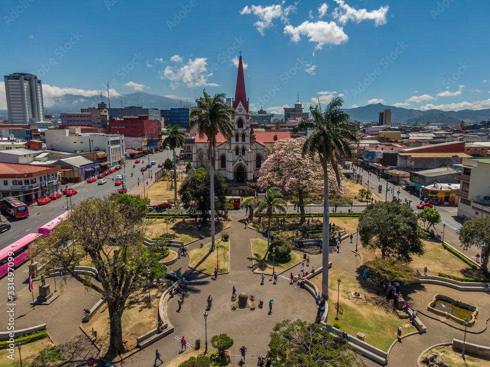 Beautiful aerial view of the main Church in San Jose Costa Rica, La Merced and the Cathedral