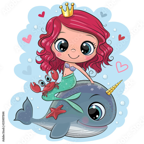 Cartoon Mermaid and whale on a blue background