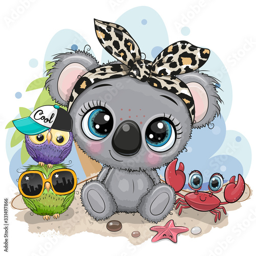 Cartoon Koala, owls and crab on the beach