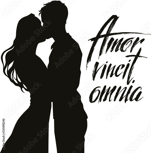 Vector set : silhouette of kissing couple , young woman and man . Hand written lettering love wins all in latin. Romantic design for cards, poster, decor for weddings and sain valentine day.