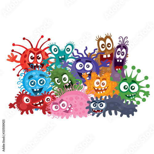 group photo of colorful viruses or bacteria in cartoon style, vector illustration, eps