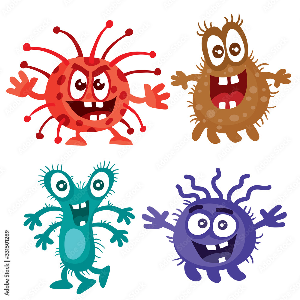 set of red, brown, turquoise and blue bacteria or virus, cartoon style, isolated object on white background, vector illustration, eps