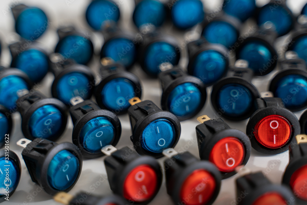 Red and blue backlit power switch. Red and blue backlit power switch.