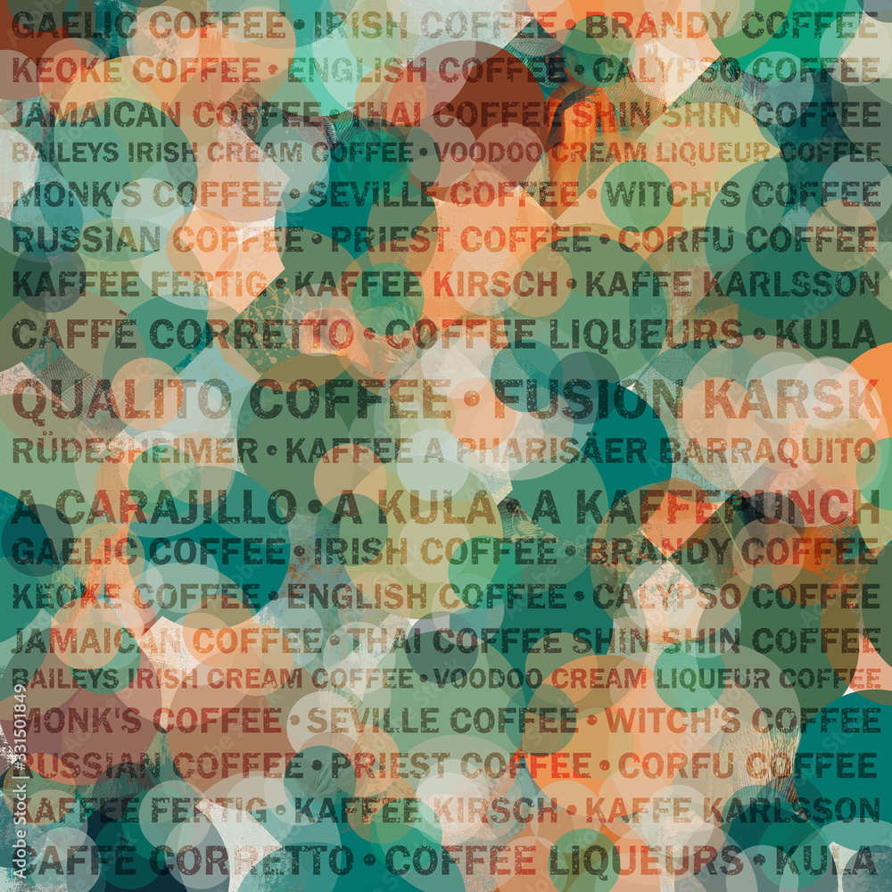 Obraz premium Colorful background with typographical coffee names and round elements in green and orange colour
