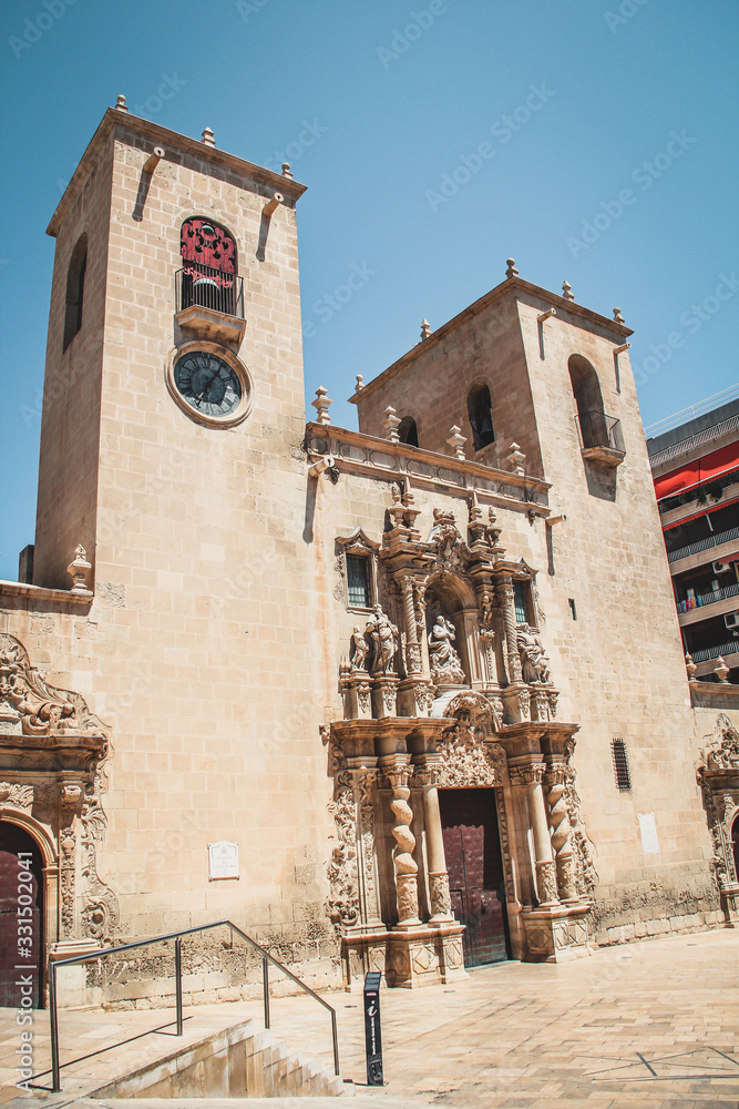 Facade of Basilica of Santa Maria (Iglesia Fortificada de Santa María) with its Glorious Portal Door Gate, Alicante