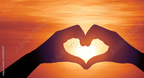 Women hands shaping a love heart sign with nice sunset and birds flying on the sky background, Love and save natural concept