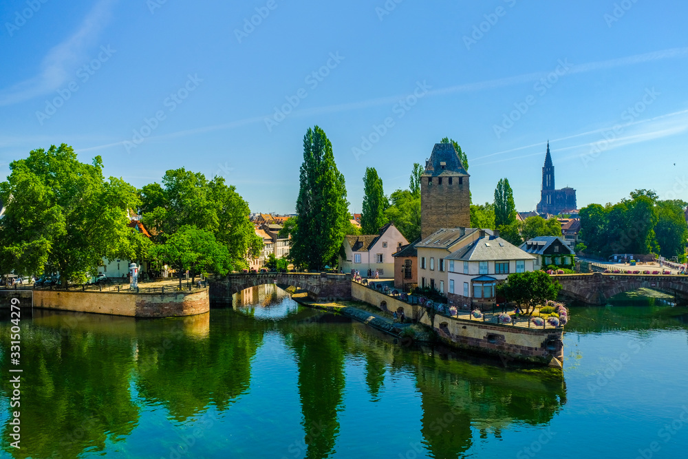 Strasbourg, France, Alsace. Canals and bridges of the Ill river.