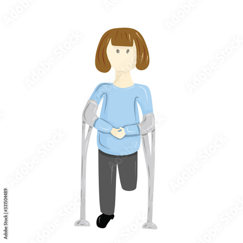 Amputee woman witsh stump on crutches isolated on white background. Hand drawn vector illustration