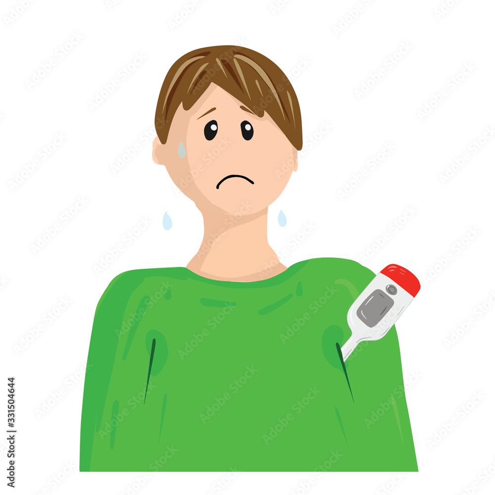 Patient with fever and thermomether in hand. Sign of coronavirus infectious disease, tuberculosis, pneumonia. Patient with fever and thermomether in hand. Sign of coronavirus infectious disease, tuberculosis, pneumonia.
