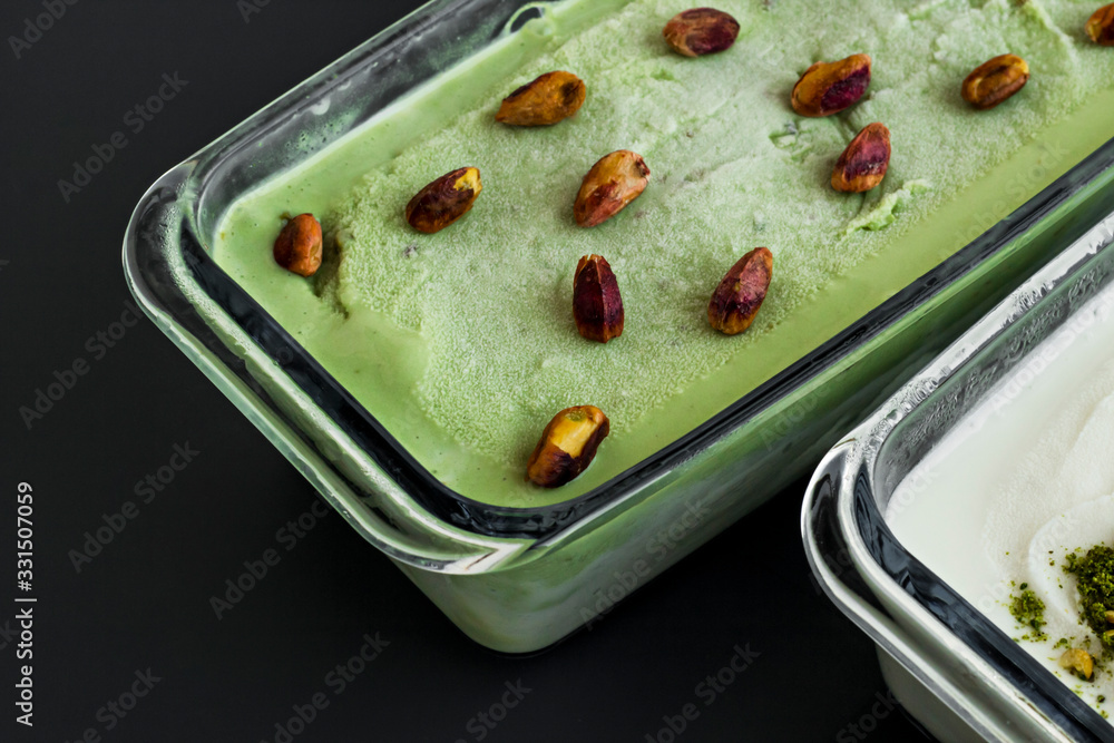 Traditional Turkish Ice Cream Maras,pistachio and vanilla flavor in the