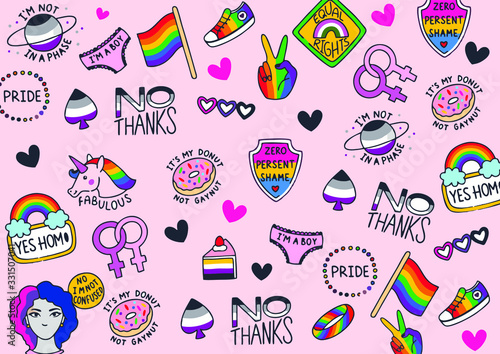  Pride month hand drawn concept. Gay parade symbols. LGBTQ icon set.