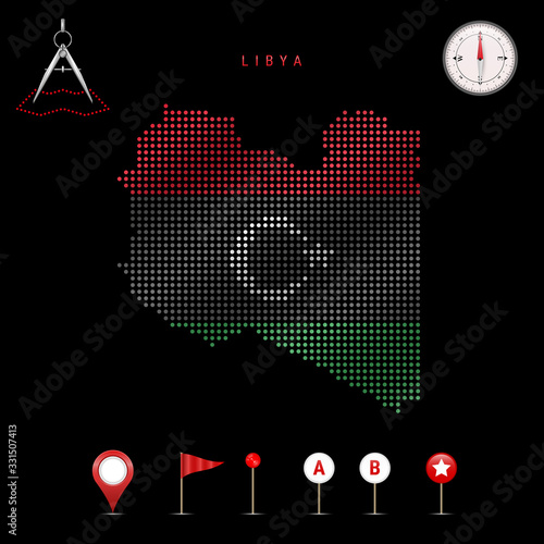Dotted vector map of Libya painted in the national flag colors. Waving flag effect. Map tools icon set