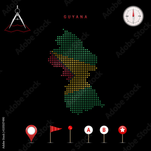 Dotted vector map of Guyana painted in the national flag colors. Waving flag effect. Map tools icon set