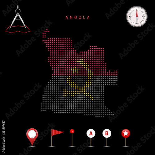 Dotted vector map of Angola painted in the national flag colors. Waving flag effect. Map tools icon set