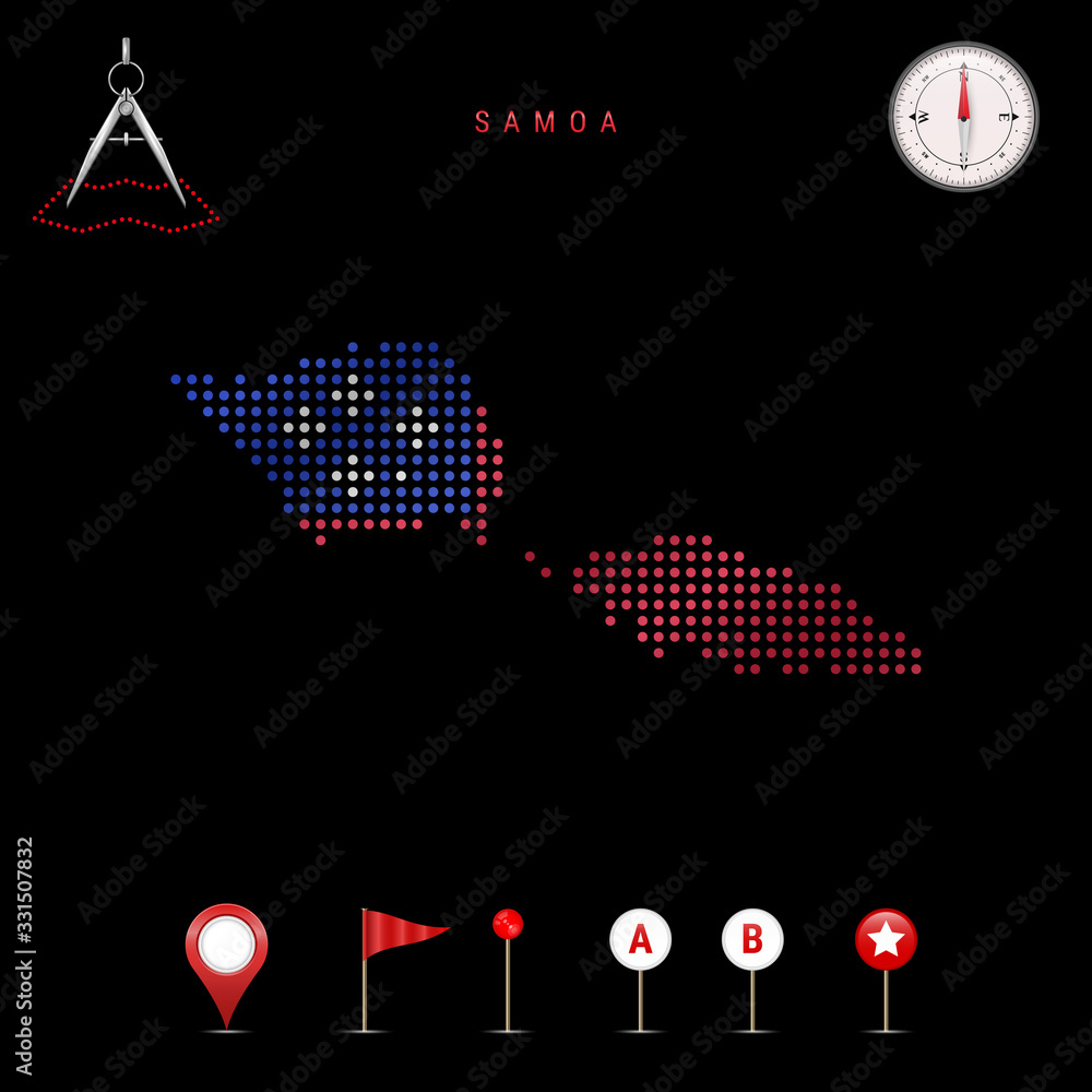 Dotted vector map of Samoa painted in the national flag colors. Waving flag effect. Map tools icon set Dotted vector map of Samoa painted in the national flag colors. Waving flag effect. Map tools icon set