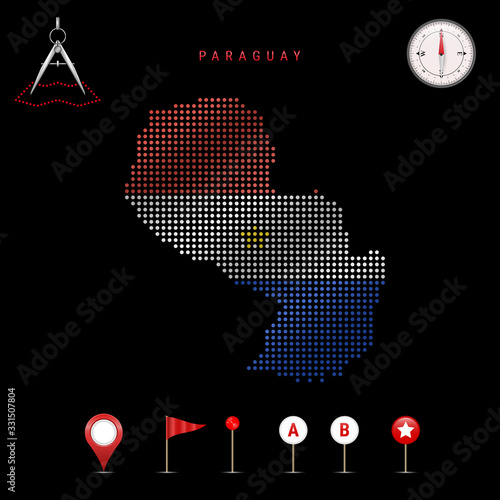 Dotted vector map of Paraguay painted in the national flag colors. Waving flag effect. Map tools icon set