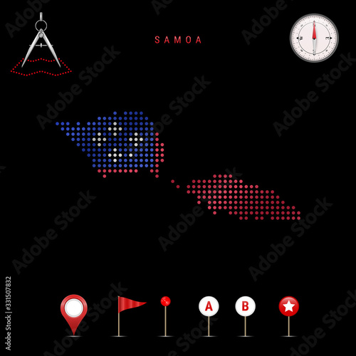 Dotted vector map of Samoa painted in the national flag colors. Waving flag effect. Map tools icon set