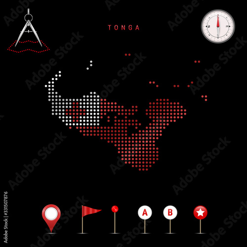 Dotted vector map of Tonga painted in the national flag colors. Waving flag effect. Map tools icon set