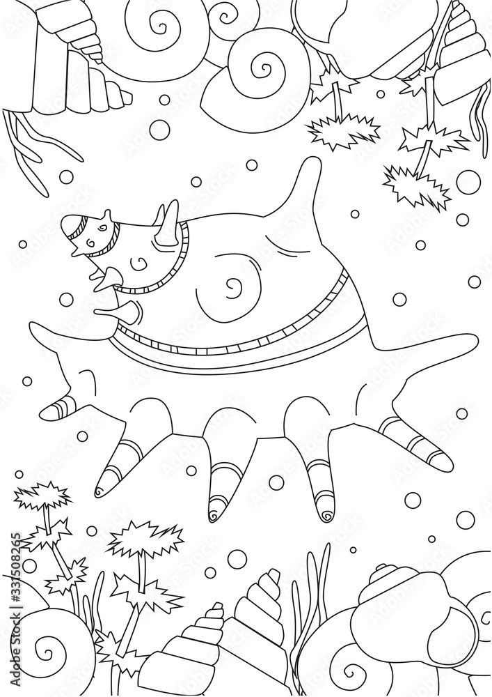 Coloring page with shell or shell in the ocean or on the seabed for