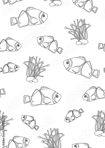 Coloring Page with Seamless Pattern with Amphiprion Nemo Fish and Corals, Outline Vector stock illustration with tropical clown fish