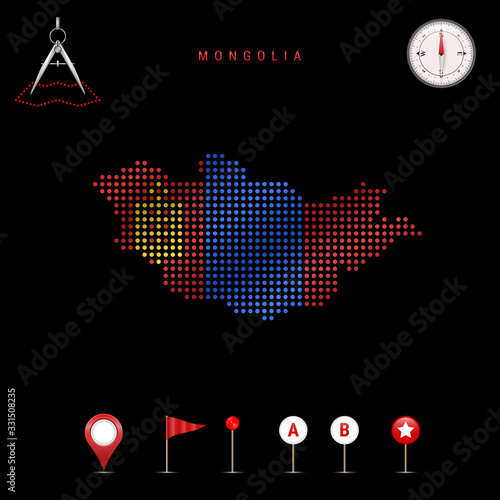 Dotted vector map of Mongolia painted in the national flag colors. Waving flag effect. Map tools icon set