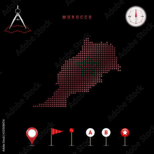 Dotted vector map of Morocco painted in the national flag colors. Waving flag effect. Map tools icon set