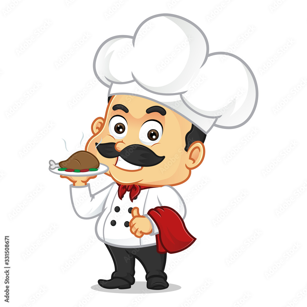 Chef cartoon serving chicken and smiling Chef cartoon serving chicken and smiling