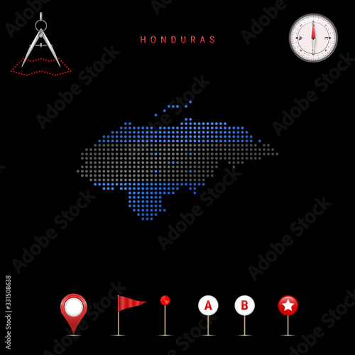 Dotted vector map of Honduras painted in the national flag colors. Waving flag effect. Map tools icon set