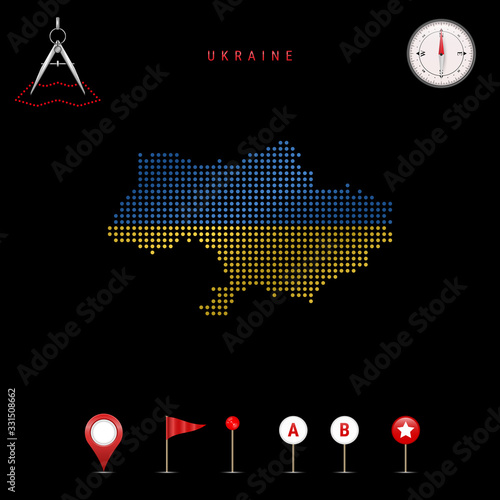 Dotted vector map of Ukraine painted in the national flag colors. Waving flag effect. Map tools icon set
