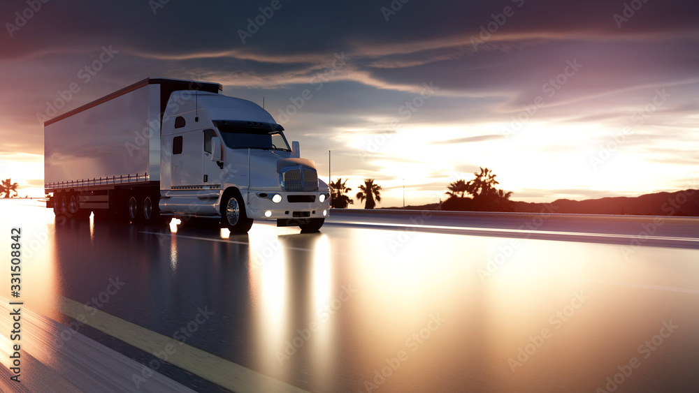 Semi trailer. Truck on the road, highway. Transports, logistics concept. 3d rendering Semi trailer. Truck on the road, highway. Transports, logistics concept. 3d rendering