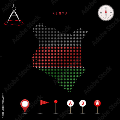 Dotted vector map of Kenya painted in the national flag colors. Waving flag effect. Map tools icon set