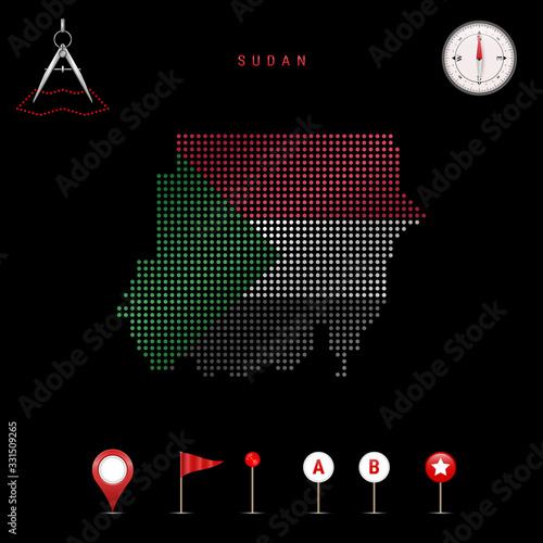 Dotted vector map of Sudan painted in the national flag colors. Waving flag effect. Map tools icon set
