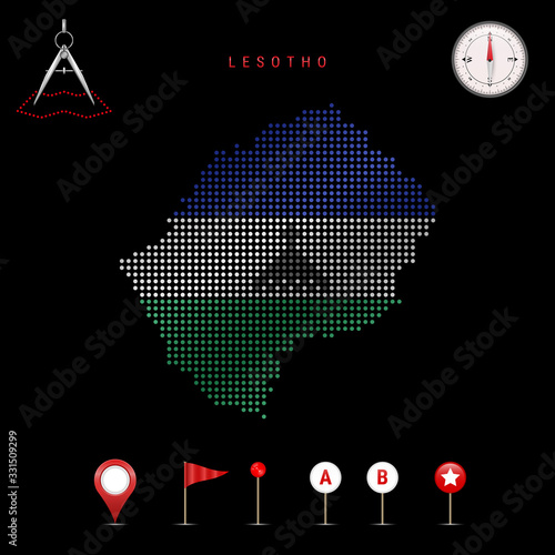 Dotted vector map of Lesotho painted in the national flag colors. Waving flag effect. Map tools icon set