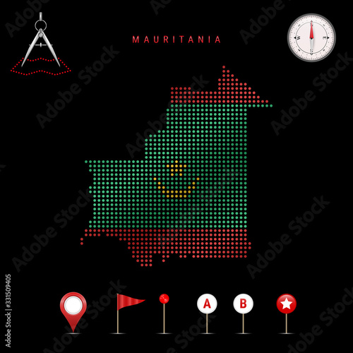Dotted vector map of Mauritania painted in the national flag colors. Waving flag effect. Map tools icon set