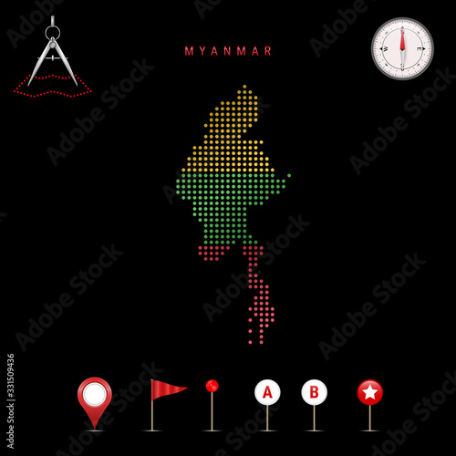 Dotted vector map of Myanmar painted in the national flag colors. Waving flag effect. Map tools icon set