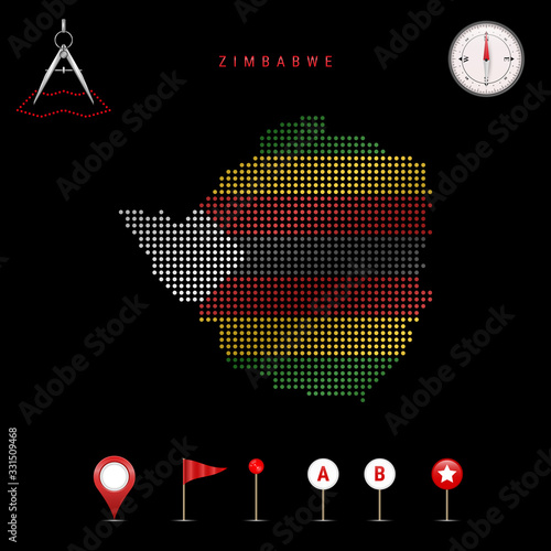 Dotted vector map of Zimbabwe painted in the national flag colors. Waving flag effect. Map tools icon set