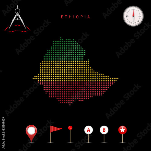 Dotted vector map of Ethiopia painted in the national flag colors. Waving flag effect. Map tools icon set