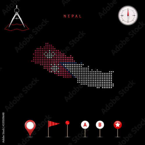 Dotted vector map of Nepal painted in the national flag colors. Waving flag effect. Map tools icon set