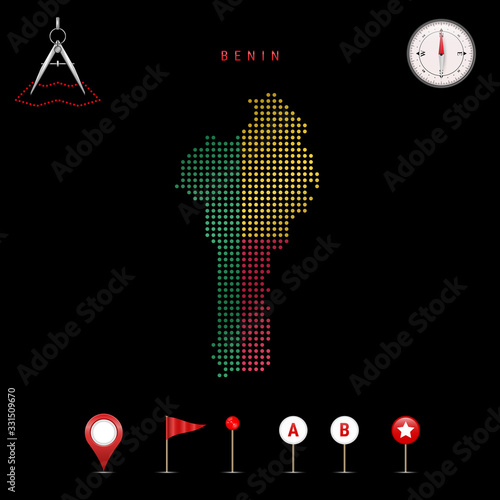 Dotted vector map of Benin painted in the national flag colors. Waving flag effect. Map tools icon set