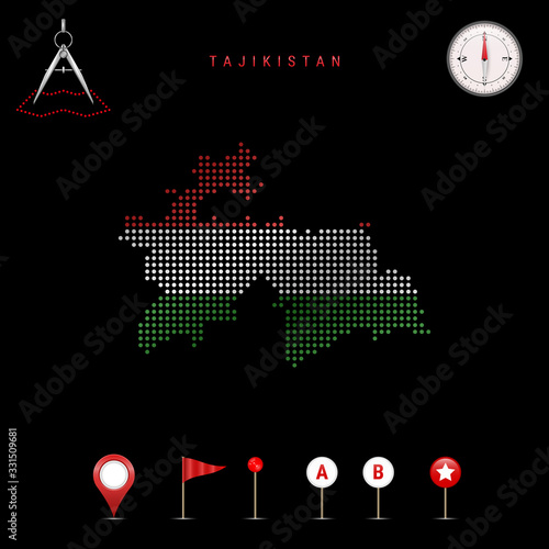 Dotted vector map of Tajikistan painted in the national flag colors. Waving flag effect. Map tools icon set