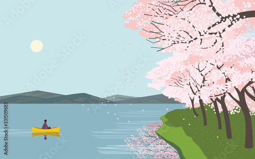 Cherry blossoms at river enjoy flat vector poster