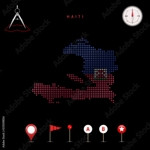 Dotted vector map of Haiti painted in the national flag colors. Waving flag effect. Map tools icon set