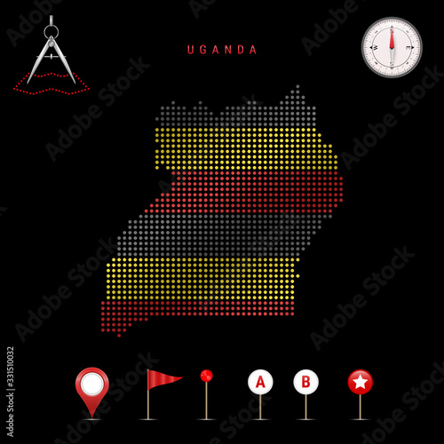 Dotted vector map of Uganda painted in the national flag colors. Waving flag effect. Map tools icon set