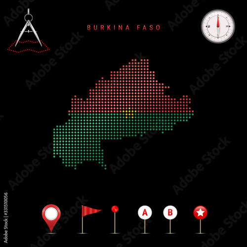 Dotted vector map of Burkina Faso painted in the national flag colors. Waving flag effect. Map tools icon set