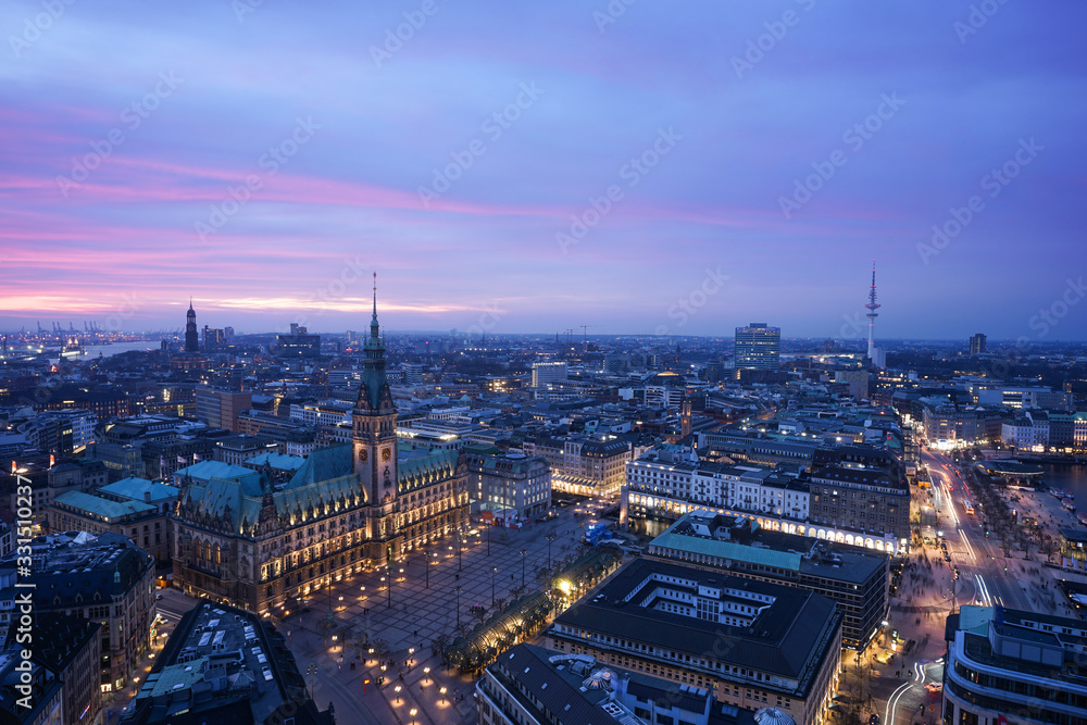 The skyline of Hamburg, Germany in the evening