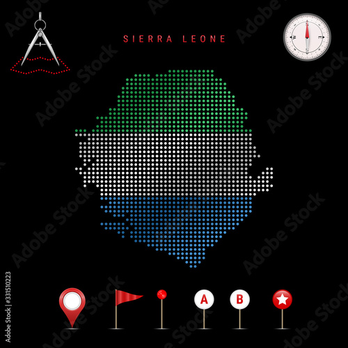 Dotted vector map of Sierra Leone painted in the national flag colors. Waving flag effect. Map tools icon set