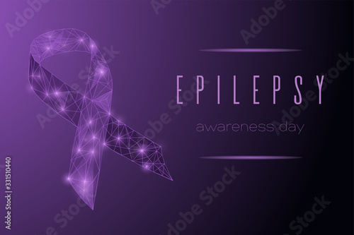 World epilepsy day concept with low polygonal ribbon. Bright Purple awareness ribbon on dark gradient background.
