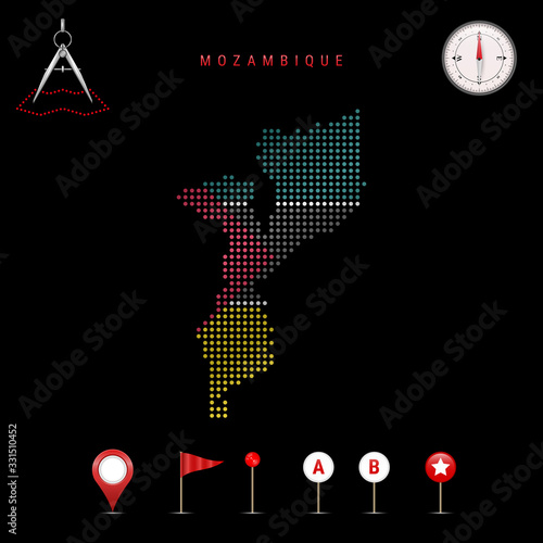 Dotted vector map of Mozambique painted in the national flag colors. Waving flag effect. Map tools icon set