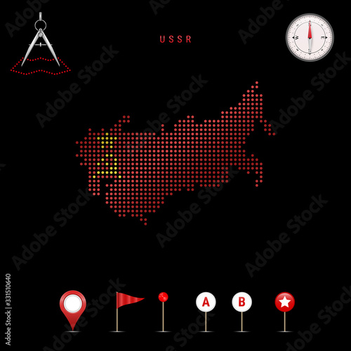 Dotted vector map of USSR painted in the national flag colors. Waving flag effect. Map tools icon set